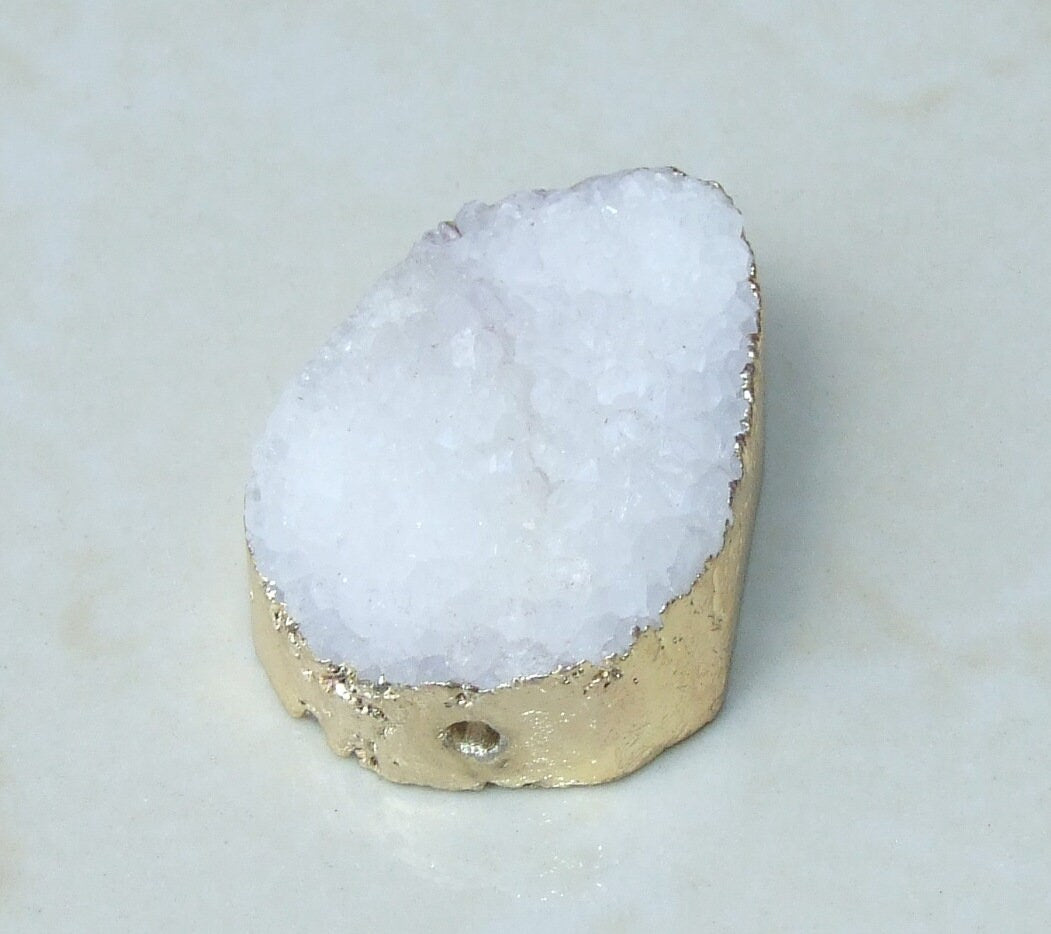 White Druzy Connector, Druzy Pendant. Gold Plated Edge - Center Drilled - Crystal Druzy Agate Pendant Bead - 28mm x 39mm - 3609 - EDGBeadsandGems
