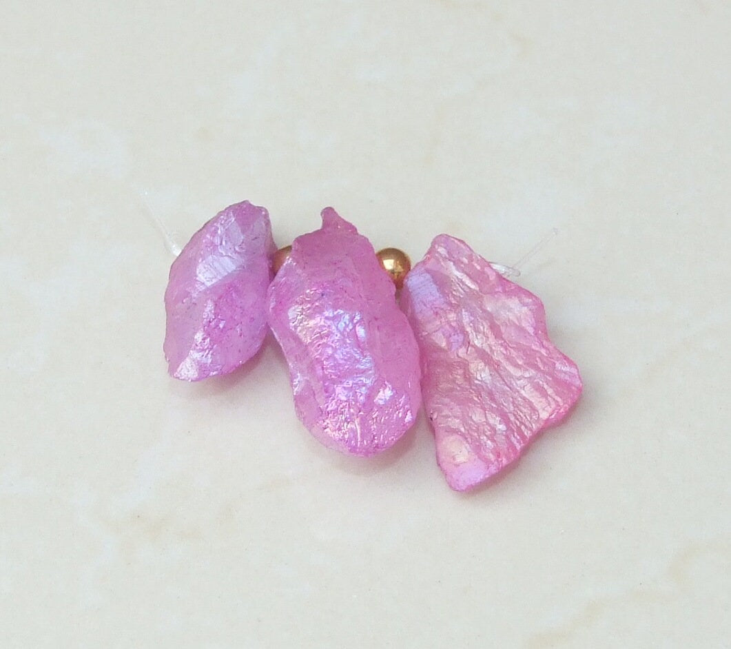 Pink AB Titanium Quartz Points, Titanium Druzy, Raw Rough Quartz Beads, Iridescent Pink Titanium Quartz - 3 Stones - 36mm - 42mm - 2707 - EDGBeadsandGems