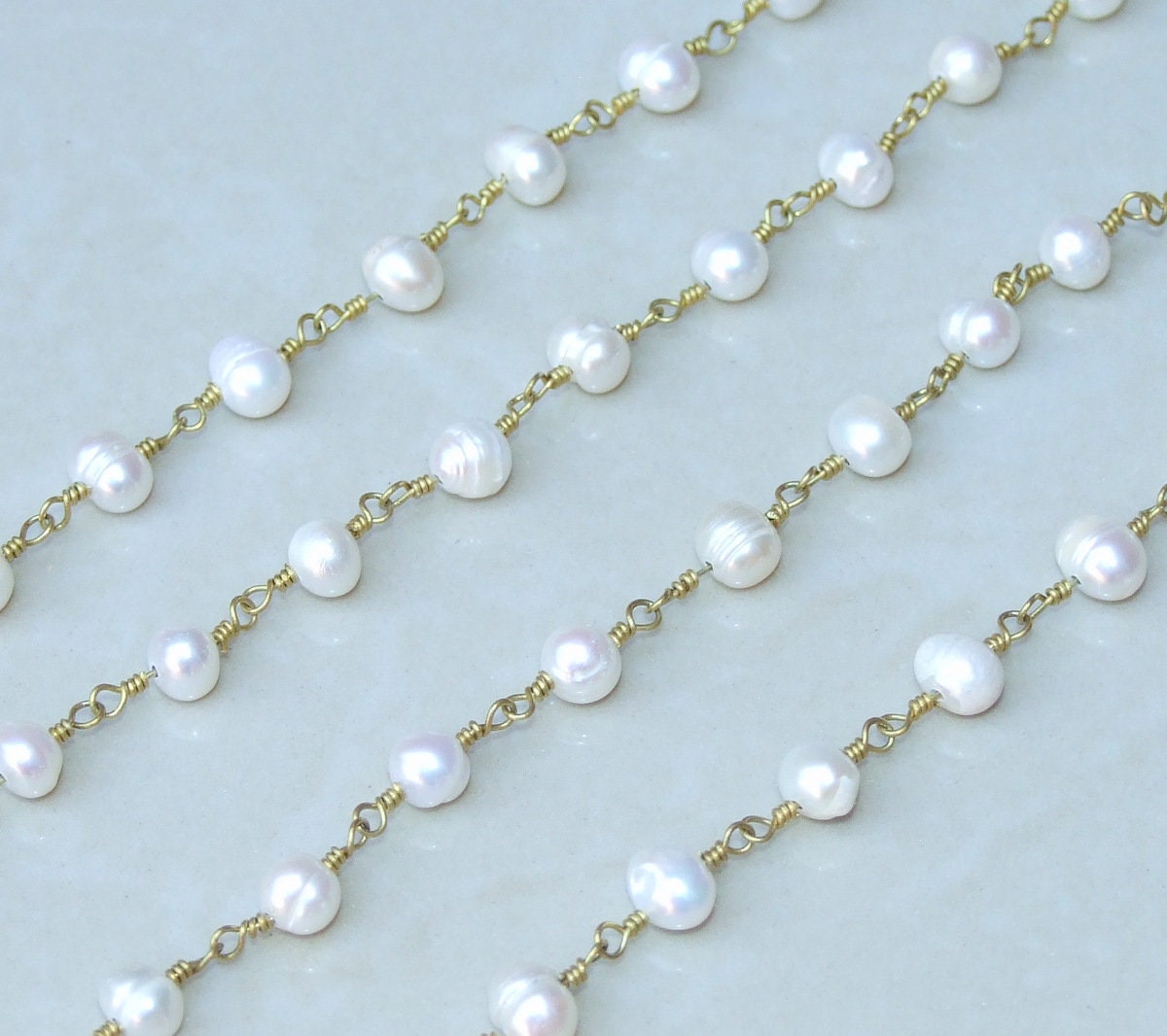 White Freshwater Pearl Rosary Chain, 18K, Wire Wrapped Chain, Natural Freshwater Pearls - Potato Shaped Pearls - 6-7mm - Sold by the Foot - EDGBeadsandGems