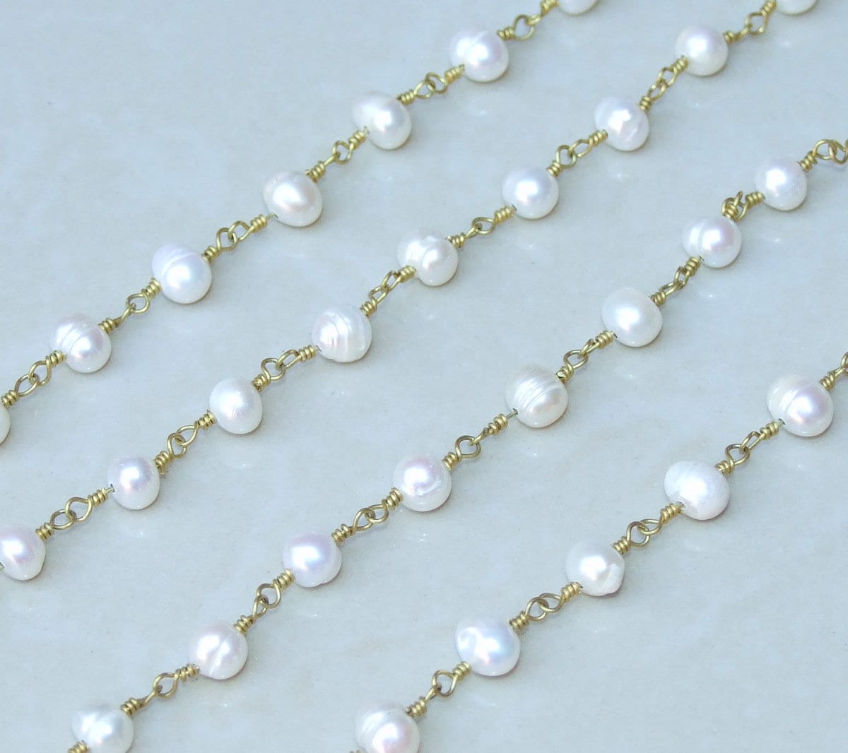 White Freshwater Pearl Rosary Chain, 18k, Wire Wrapped Chain, Natural Freshwater Pearls - Potato Shaped Pearls - 5.5-7mm - Sold by the Foot - EDGBeadsandGems