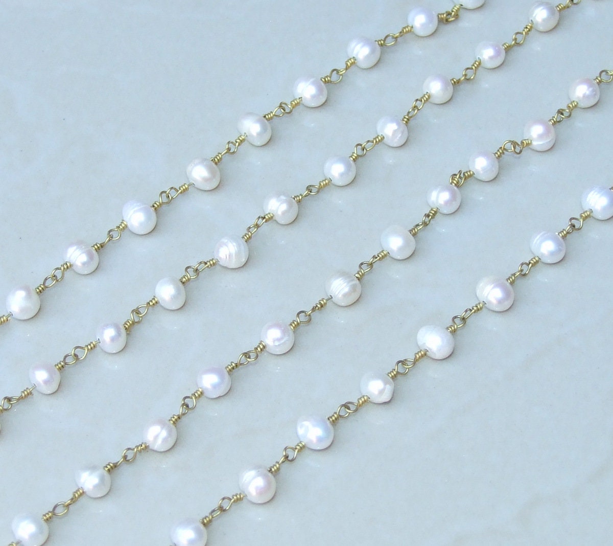 White Freshwater Pearl Rosary Chain, 18K, Wire Wrapped Chain, Natural Freshwater Pearls - Potato Shaped Pearls - 6-7mm - Sold by the Foot - EDGBeadsandGems