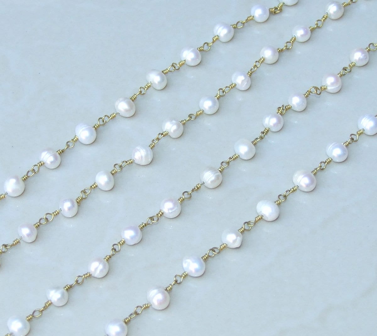 White Freshwater Pearl Rosary Chain, 18k, Wire Wrapped Chain, Natural Freshwater Pearls - Potato Shaped Pearls - 5.5-7mm - Sold by the Foot - EDGBeadsandGems