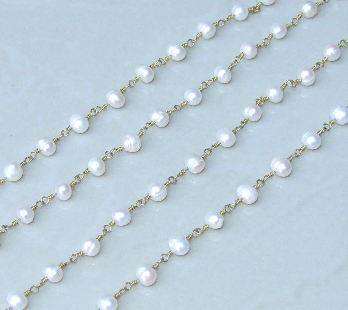 White Freshwater Pearl Rosary Chain - Wire Wrapped Chain, Natural Freshwater Pearls - Potato Shaped Pearls - 6-7mm - Sold by the Foot - EDGBeadsandGems