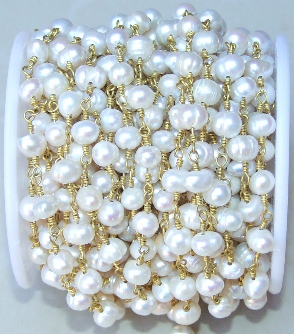 White Freshwater Pearl Rosary Chain, 18K, Wire Wrapped Chain, Natural Freshwater Pearls - Potato Shaped Pearls - 6-7mm - Sold by the Foot - EDGBeadsandGems