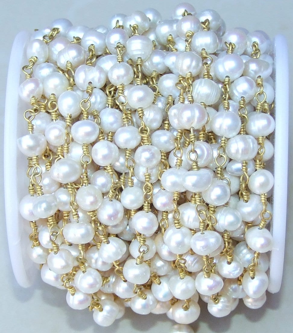 White Freshwater Pearl Rosary Chain, 18k, Wire Wrapped Chain, Natural Freshwater Pearls - Potato Shaped Pearls - 5.5-7mm - Sold by the Foot - EDGBeadsandGems