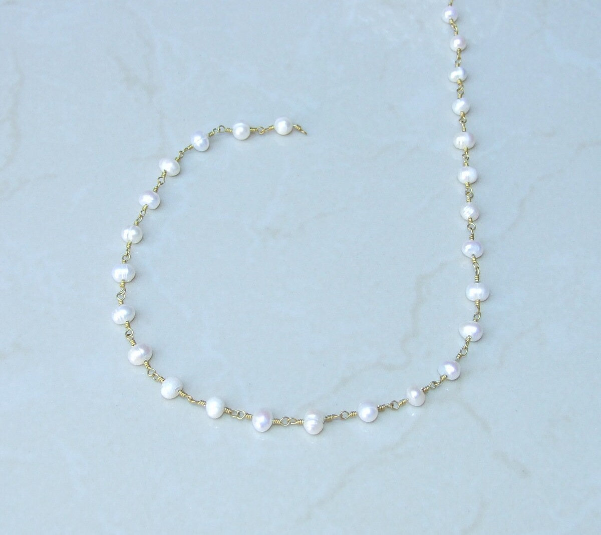 White Freshwater Pearl Rosary Chain, 18K, Wire Wrapped Chain, Natural Freshwater Pearls - Potato Shaped Pearls - 6-7mm - Sold by the Foot - EDGBeadsandGems