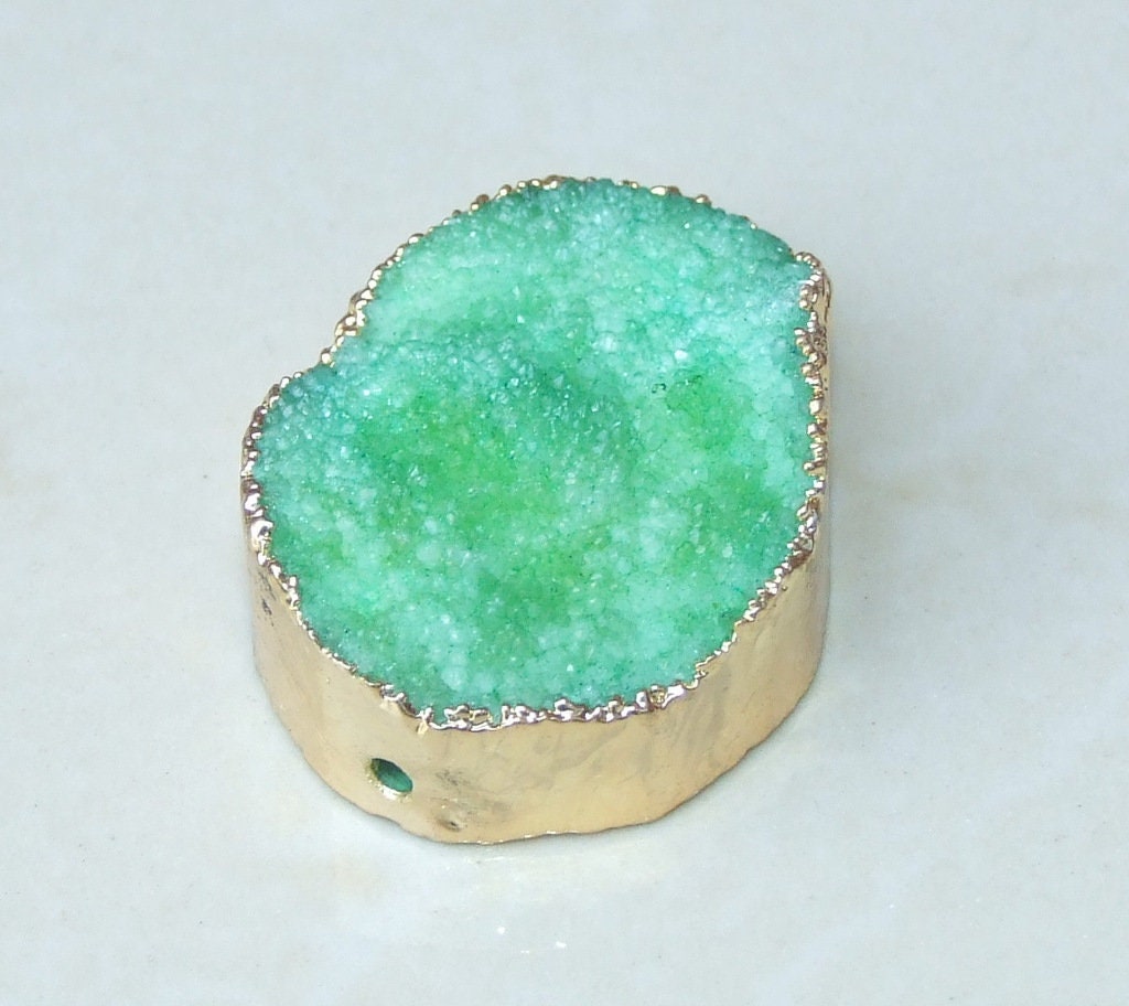 Green Druzy Connector, Druzy Pendant. Gold Plated Edge - Center Drilled - Crystal Druzy Agate Pendant Bead - 31mm x 42mm - 3696 - EDGBeadsandGems