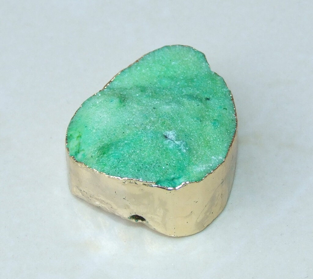 Green Druzy Connector, Druzy Pendant. Gold Plated Edge - Center Drilled - Crystal Druzy Agate Pendant Bead - 33mm x 42mm - 3699 - EDGBeadsandGems