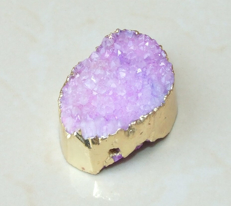 Purple Druzy Connector, Druzy Pendant. Gold Plated Edge - Center Drilled - Crystal Druzy Agate Pendant Bead - 30mm x 45mm - 3447 - EDGBeadsandGems