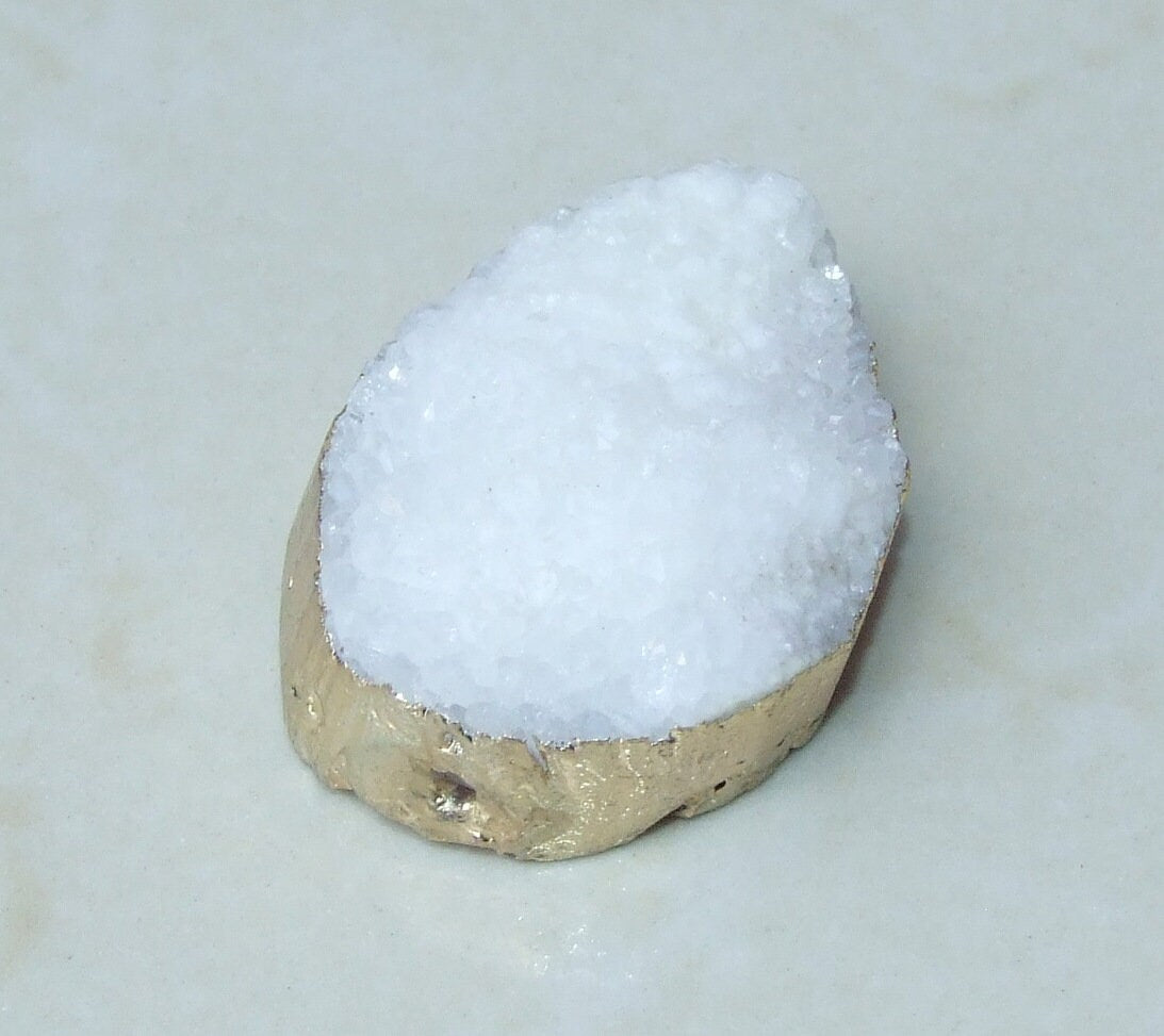 White Druzy Connector, Druzy Pendant. Gold Plated Edge - Center Drilled - Crystal Druzy Agate Pendant Bead - 32mm x 40mm - 3605 - EDGBeadsandGems