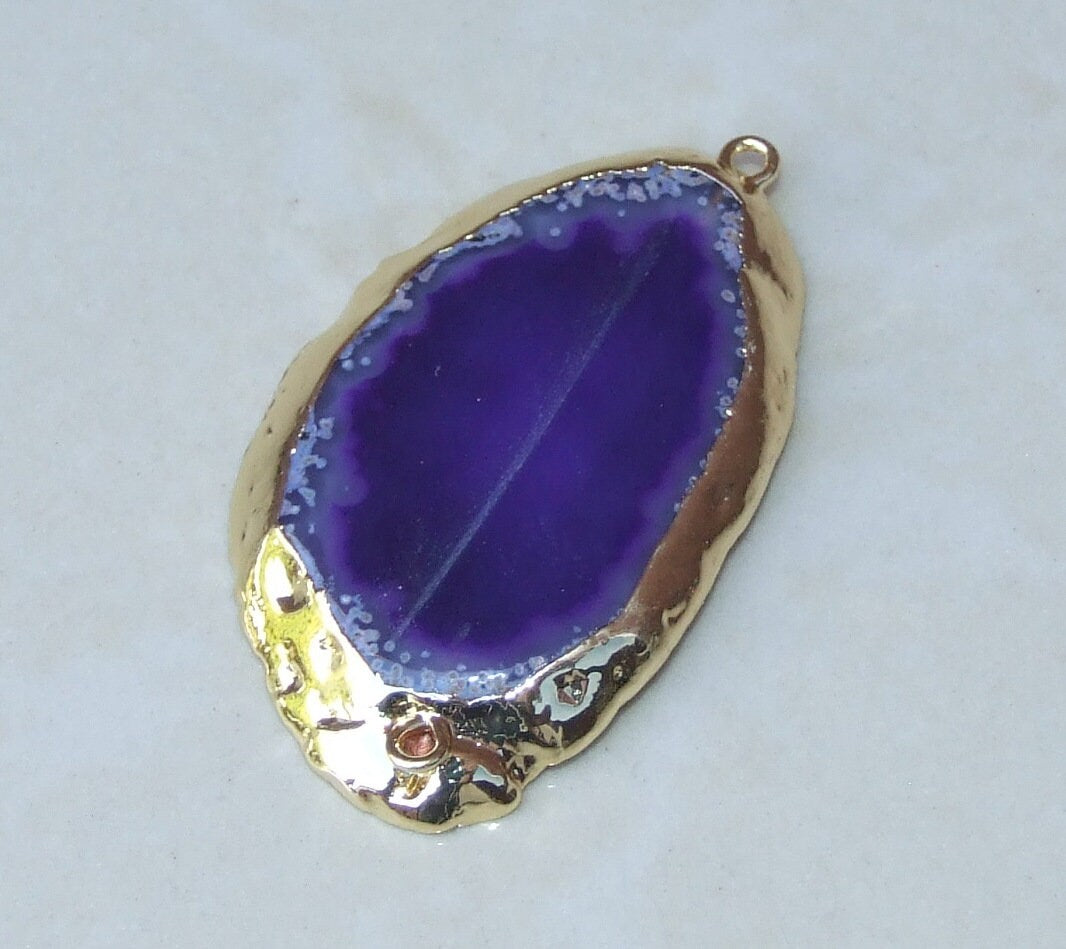 Purple Agate Slice Connector - Geode Slice Connector - Gold Plated Edge - Druzy - Gemstone Connector - Stone Connector- 28mm x 46mm - 6240 - EDGBeadsandGems