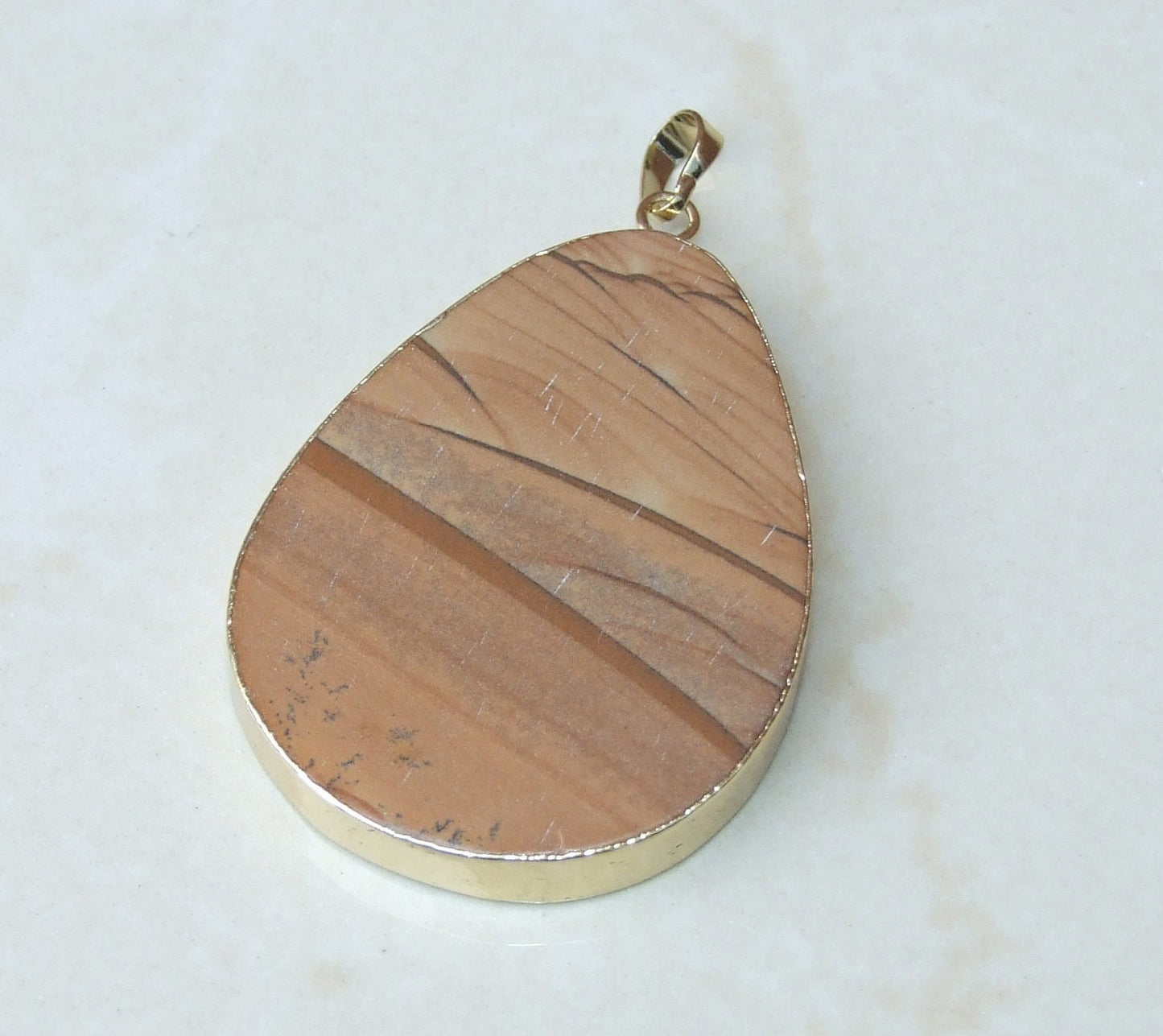 Picture Jasper Pendant - Gemstone Pendant - Natural Stone - Matte Finish - Stone - Slab - Gold Plated Edge and Bail - 40mm x 52mm - 6376 - EDGBeadsandGems