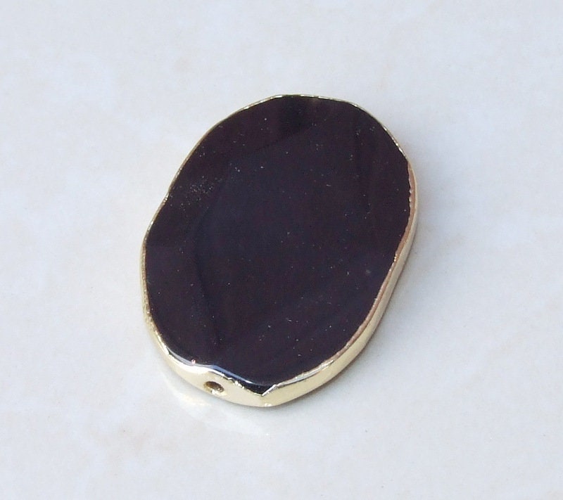 Jet Black Agate Druzy Faceted Bead - Gemstone Bead Pendant - Druzy Agate - Gold Edge - Center Drilled - Slab Bead - 36mm x 52mm - 6880 - EDGBeadsandGems