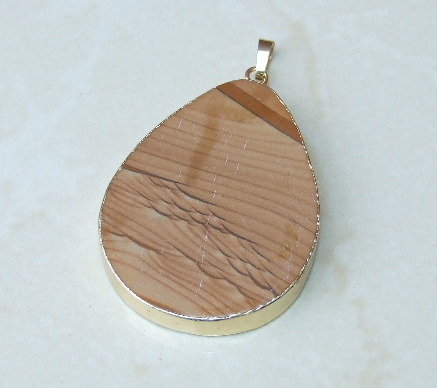 Picture Jasper Pendant - Gemstone Pendant - Natural Stone - Matte Finish - Stone - Slab - Gold Plated Edge and Bail - 40mm x 52mm - 6378 - EDGBeadsandGems