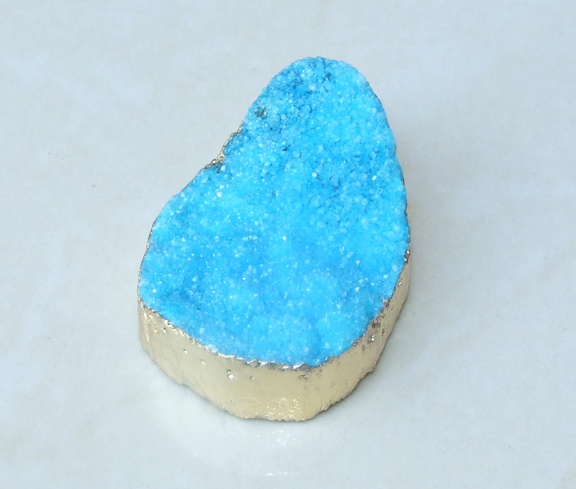 Blue Agate Quartz Druzy Pendant, Quartz Druzy Pendant - Gold Plated Edge and Bail - 29mm x 41mm - 7937 - EDGBeadsandGems
