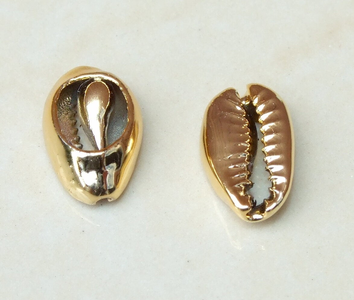 10 Small Gold Plated Cowrie Shell Connector, No Loops, Natural Seashell Pendant, Money Shell, Sea shell - Beach, Pendant, Boho - 13-16mm - EDGBeadsandGems