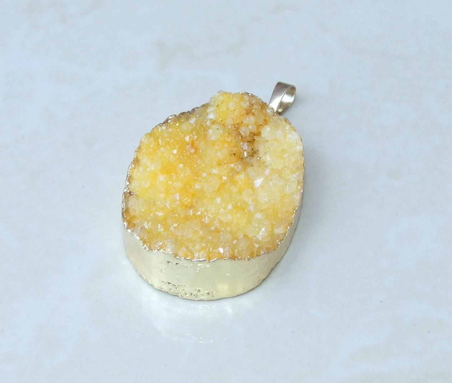 Large Orange Crystal Quartz Druzy Pendant, Quartz Druzy Pendant - Geode - Gold Edge - Gemstone Pendant - 32mm x 44mm - 9088 - EDGBeadsandGems