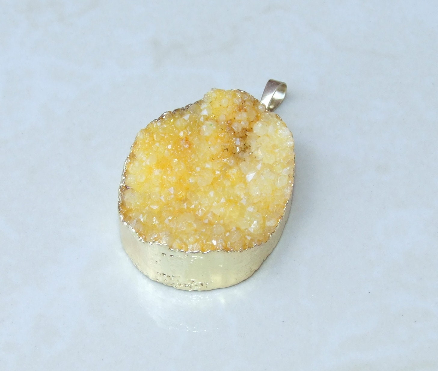 Large Orange Crystal Quartz Druzy Pendant, Quartz Druzy Pendant - Geode - Gold Edge - Gemstone Pendant - 32mm x 44mm - 9088 - EDGBeadsandGems