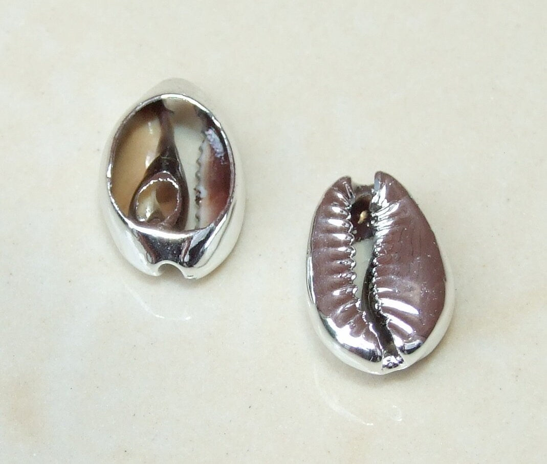 10 Small Silver Plated Cowrie Shell Connector, No Loops, Natural Seashell Pendant - Money Shell, Sea shell - Beach, Pendant, Boho - 13-16mm - EDGBeadsandGems