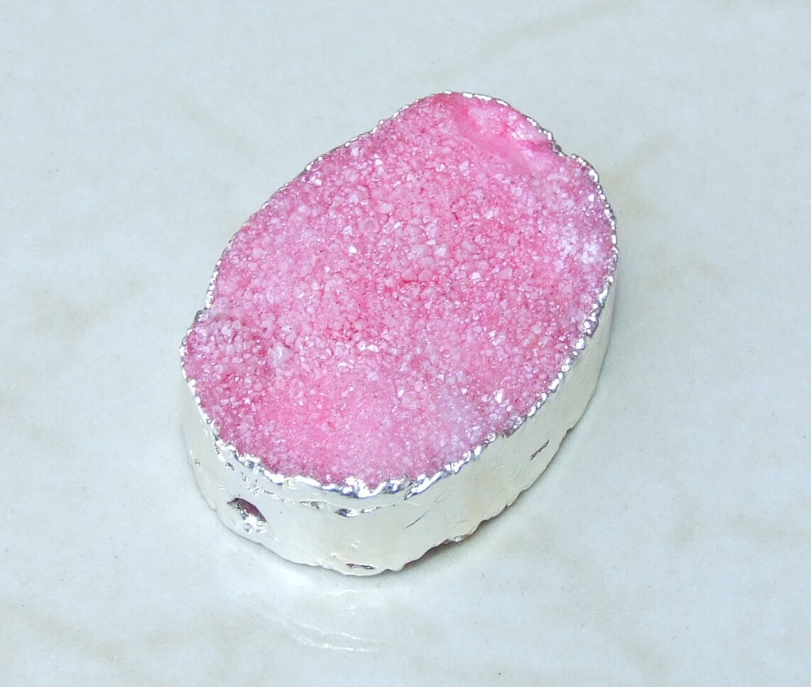 Pink, Druzy Connector, Geode Connector, Agate Slice, Geode Pendant, Gemstone Pendant, Druzy Bracelet, Druzy Quartz - 27mm x 37mm - 9844 - EDGBeadsandGems