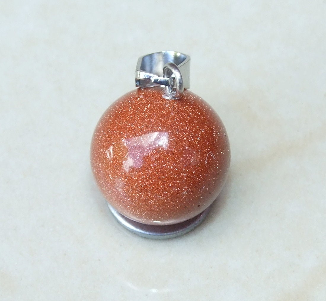 Three Copper Goldstone Round Ball Pendant - Gemstone pendant - Round Gemstone Pendant - Silver Tone Bail - Three Pendants - 15mm - EDGBeadsandGems