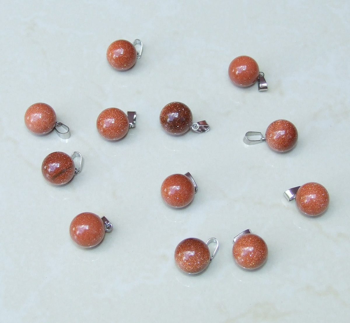 Three Copper Goldstone Round Ball Pendant - Gemstone pendant - Round Gemstone Pendant - Silver Tone Bail - Three Pendants - 15mm - EDGBeadsandGems