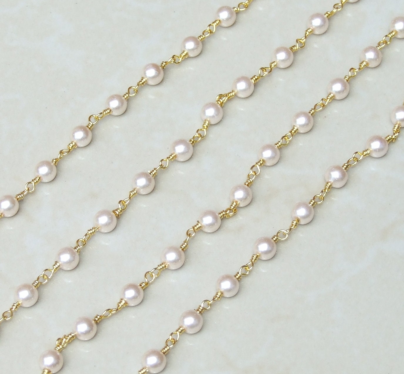 White Glass Pearl Rosary Chain, Bulk Chain, Rondelle Glass Beads, Beaded Chain, Body Chain Jewelry, Gold Necklace Chain, Belly Chain, 6mm - EDGBeadsandGems