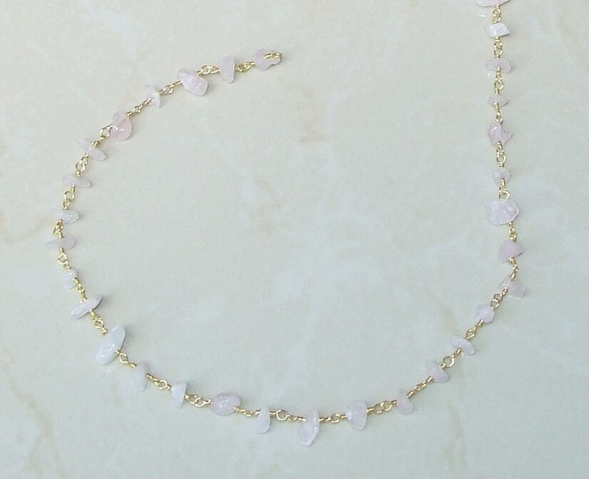 Rose Quartz Rosary Chain - Gold Plated Wire Wrapped Rosary Chain. 2mm x 4mm to 5mm x 13mm - Sold by the Foot - EDGBeadsandGems