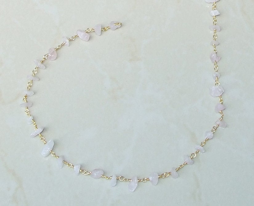 Rose Quartz Rosary Chain - Gold Plated Wire Wrapped Rosary Chain. 2mm x 4mm to 5mm x 13mm - Sold by the Foot - EDGBeadsandGems