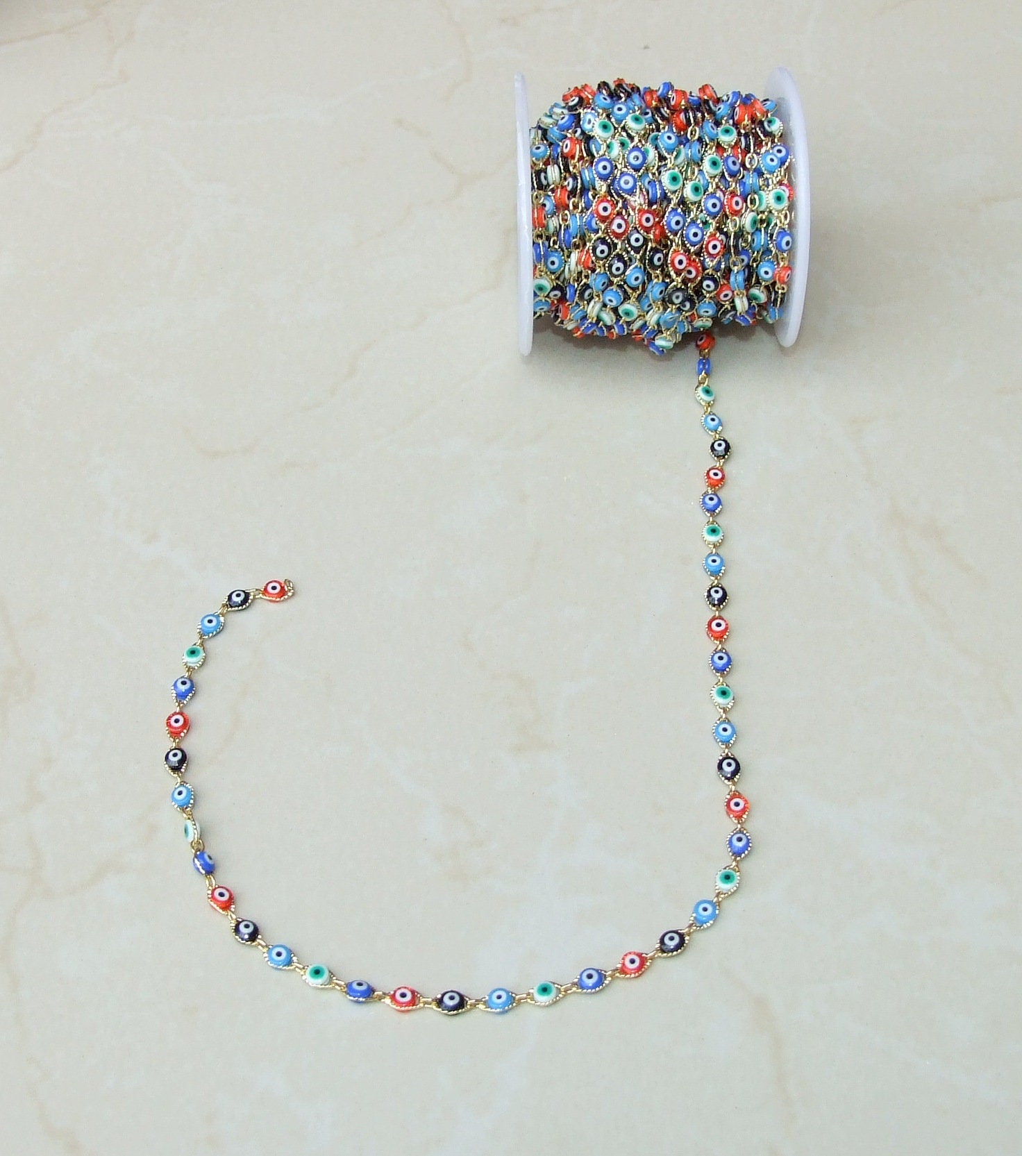 Multi-color Glass Evil Eye Rosary Chain, Bulk Chain, Marquee Bead, Beaded Chain, Body Chain Jewelry, Gold Chain, Necklace Chain, Belly Chain - EDGBeadsandGems