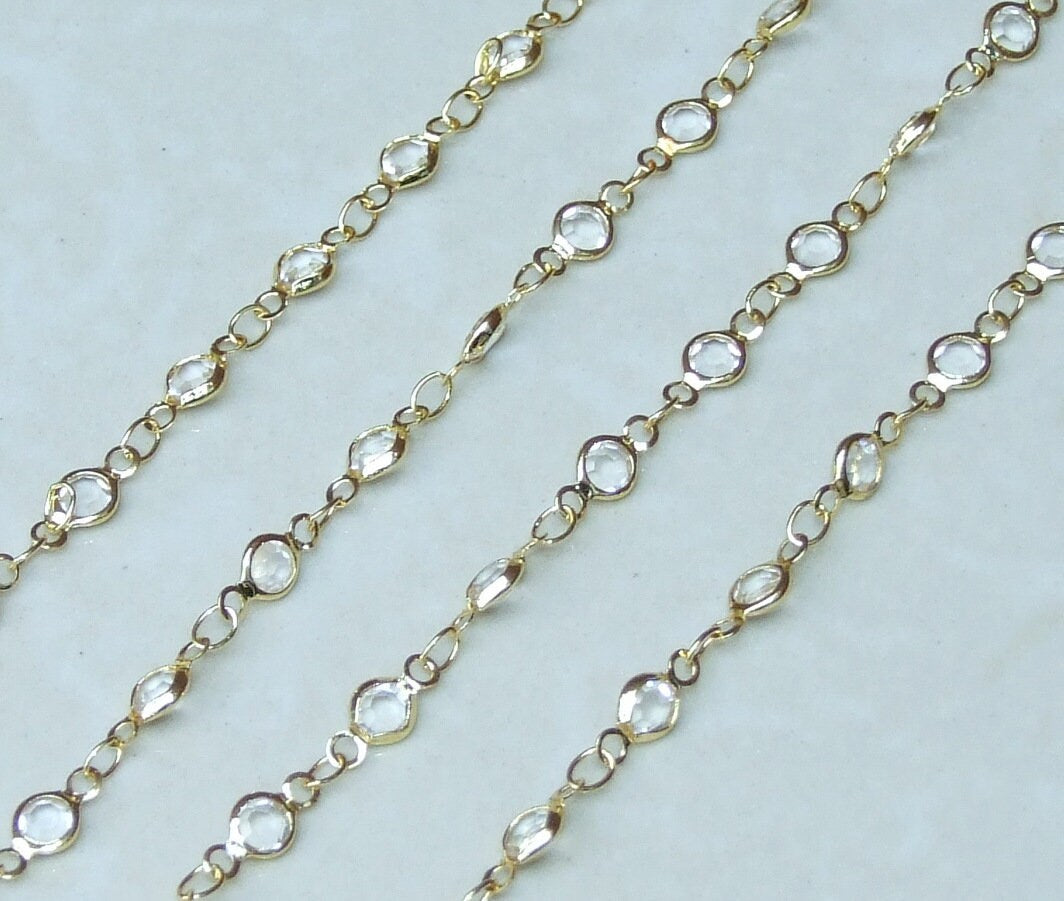 Clear Glass Rosary Chain, Bulk Chain, Faceted Glass Beads, Beaded Chain, Body Chain Jewelry, Gold Chain, Necklace Chain, Belly Chain, 02G - EDGBeadsandGems