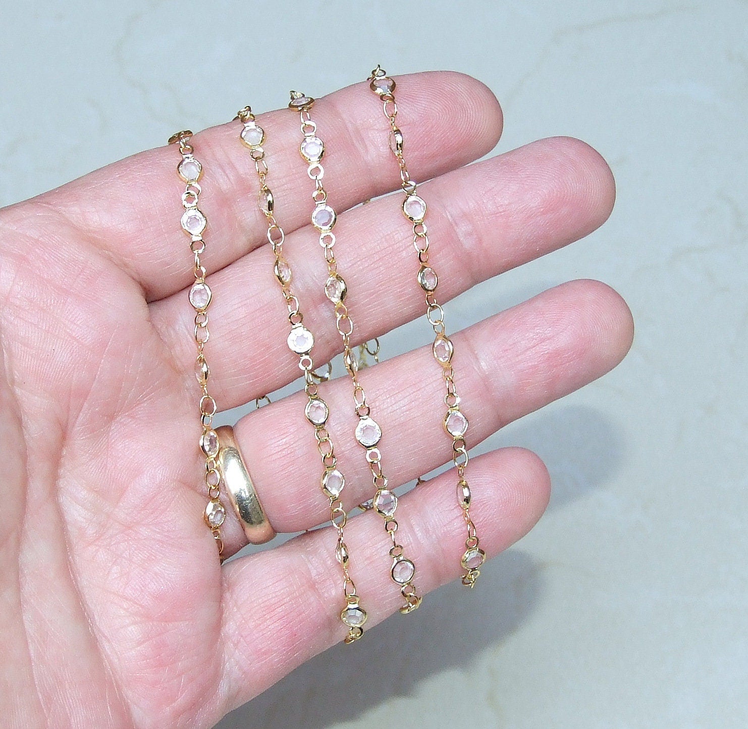 Clear Glass Rosary Chain, Bulk Chain, Faceted Glass Beads, Beaded Chain, Body Chain Jewelry, Gold Chain, Necklace Chain, Belly Chain, 02G - EDGBeadsandGems