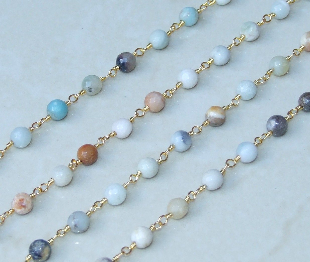 Amazonite Bead Rosary Chain, Gold Plated Brass Wire Wrapped Chain, Gemstone Amazonite Bead, Micro Faceted Finish, By the Foot, 8mm & 6mm - EDGBeadsandGems