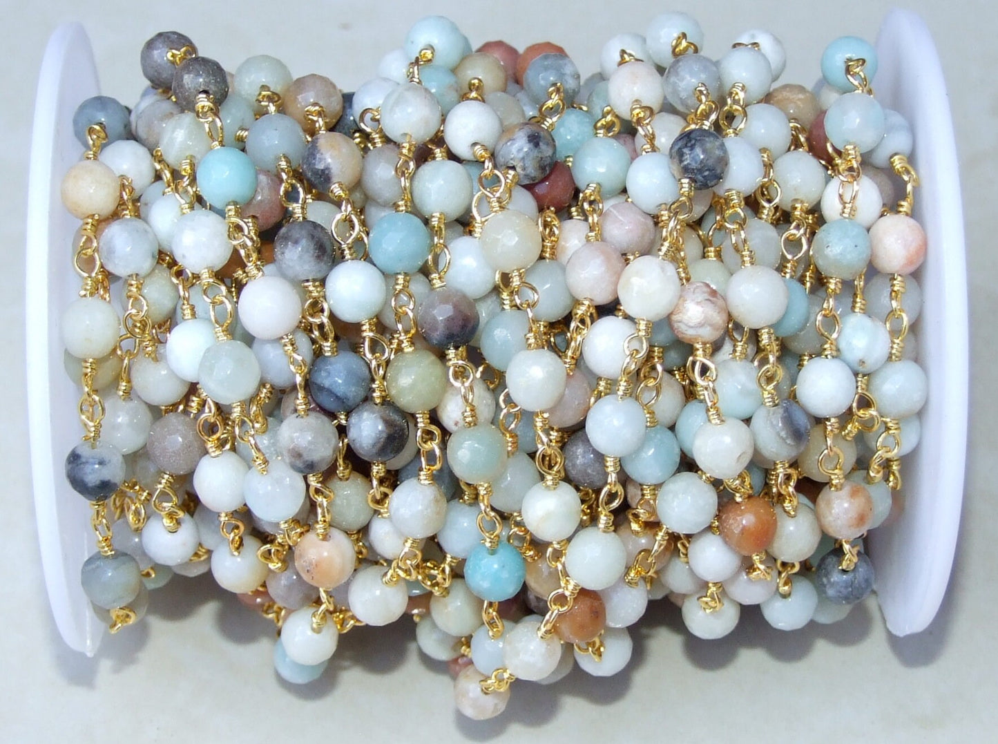 Amazonite Bead Rosary Chain, Gold Plated Brass Wire Wrapped Chain, Gemstone Amazonite Bead, Micro Faceted Finish, By the Foot, 8mm & 6mm - EDGBeadsandGems