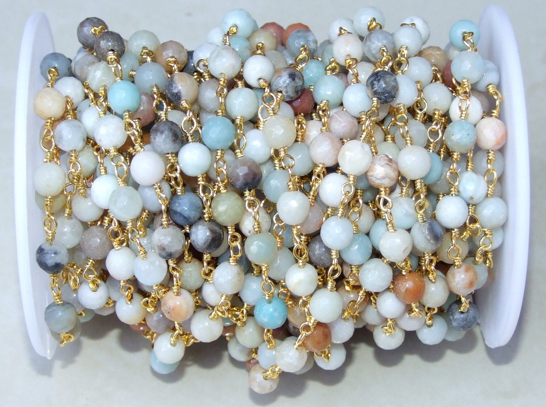 Amazonite Bead Rosary Chain, Gold Plated Brass Wire Wrapped Chain, Gemstone Amazonite Bead, Micro Faceted Finish, By the Foot, 8mm & 6mm - EDGBeadsandGems