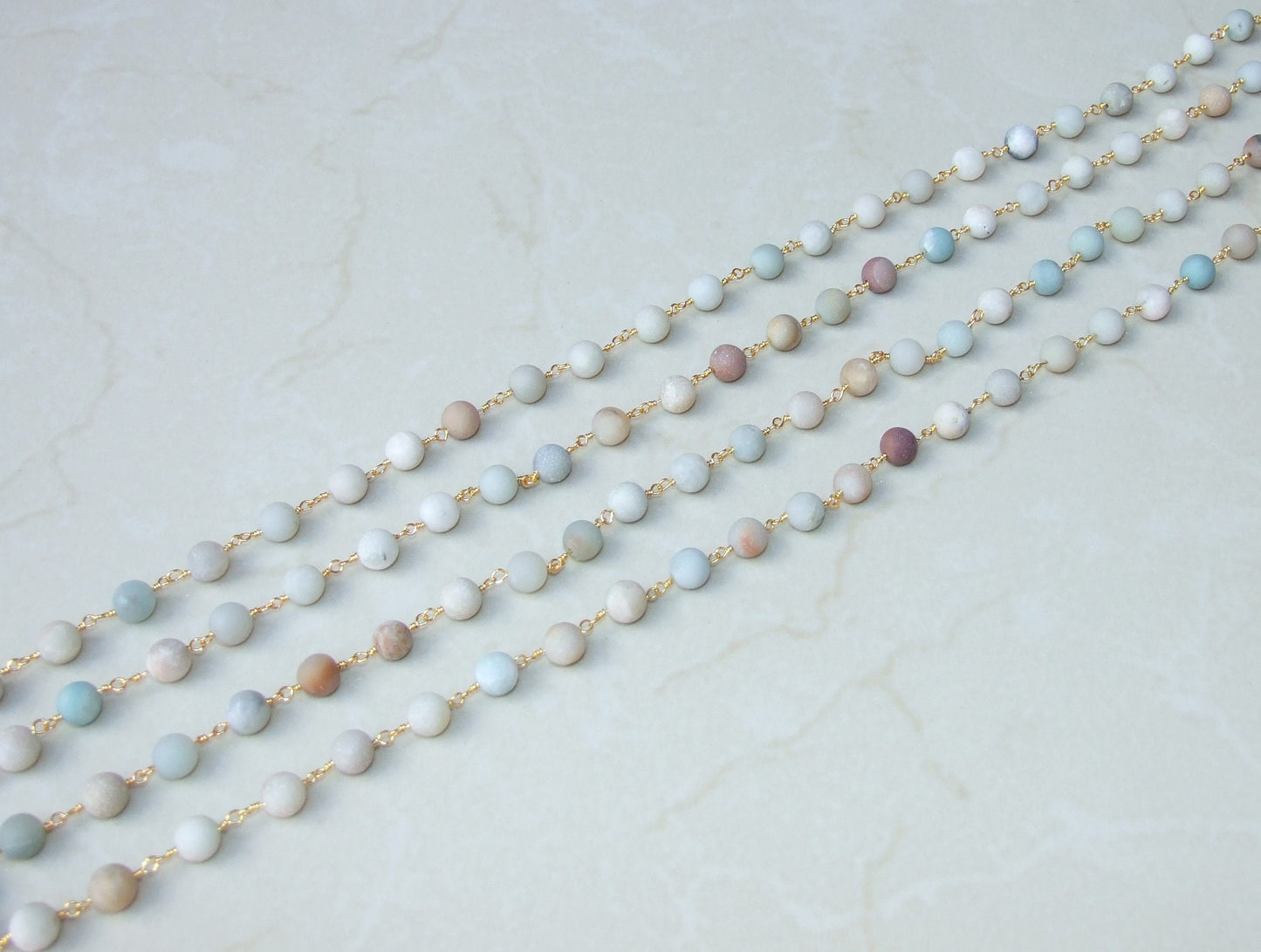 Amazonite Rosary Chain, Gold Plated Brass Wire Wrapped Chain, Gemstone Amazonite Bead, Smooth Round Matte Finish, By the Foot, 8mm & 6mm - EDGBeadsandGems