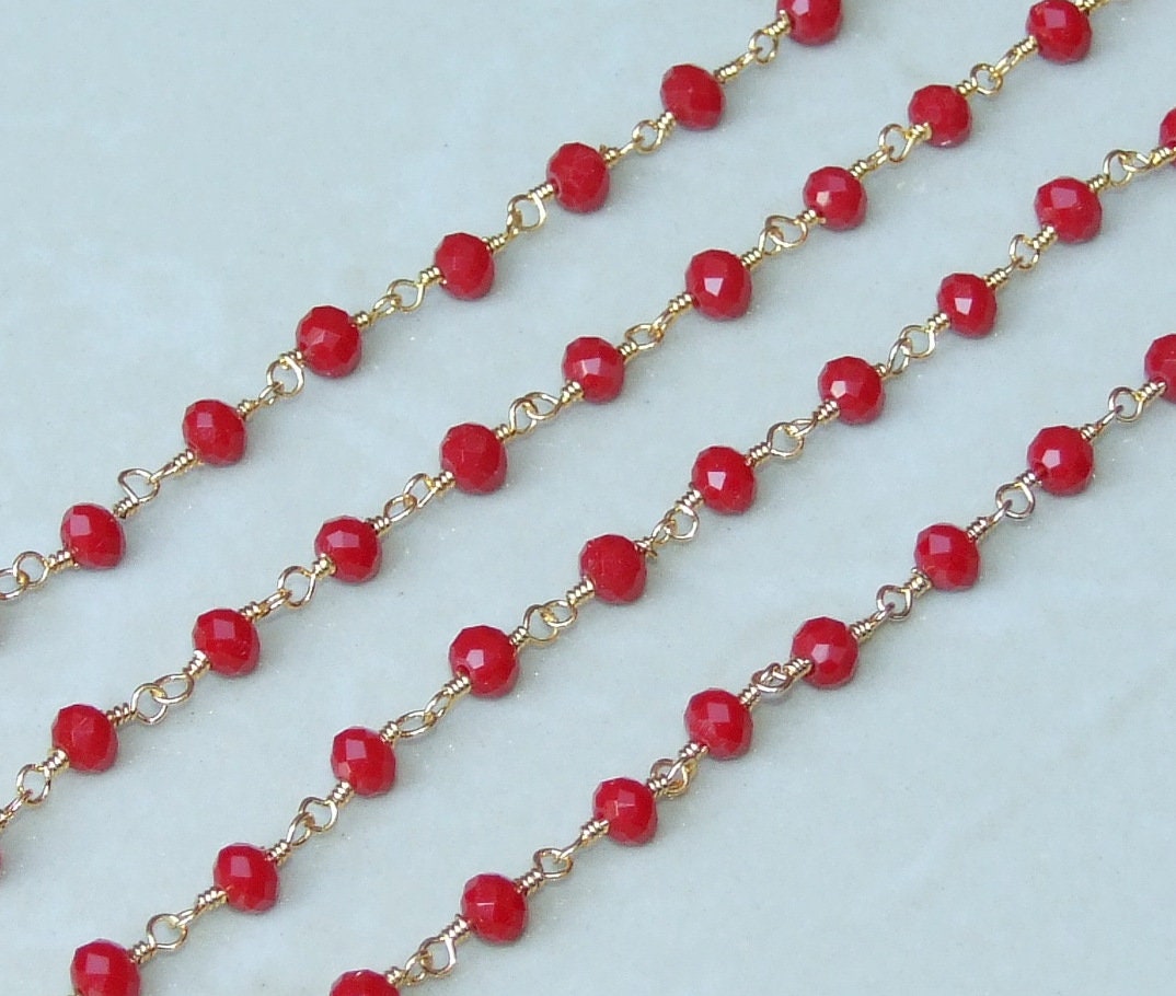 Ruby Red Glass Rosary Chain, Bulk Chain, Rondelle Glass Beads, Beaded Chain, Body Chain Jewelry, Gold Chain, Necklace Chain, Belly Chain - EDGBeadsandGems