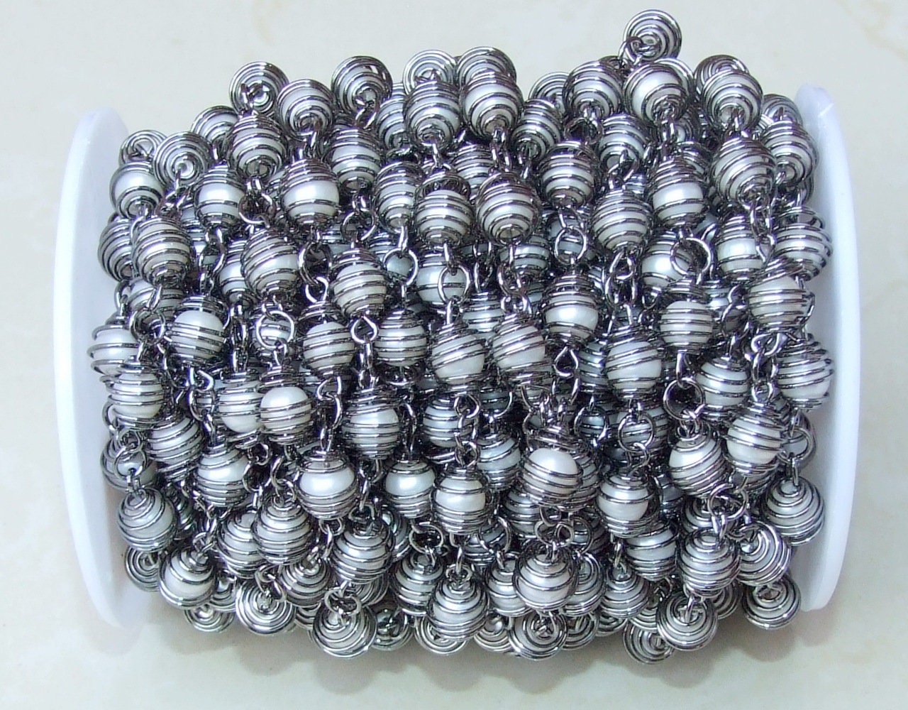 White Glass Pearl In A Cage Rosary Chain, Bulk Chain, Wire Wrapped Beaded Chain, Body Chain Jewelry, Gunmetal, Necklace Chain, Belly Chain - EDGBeadsandGems