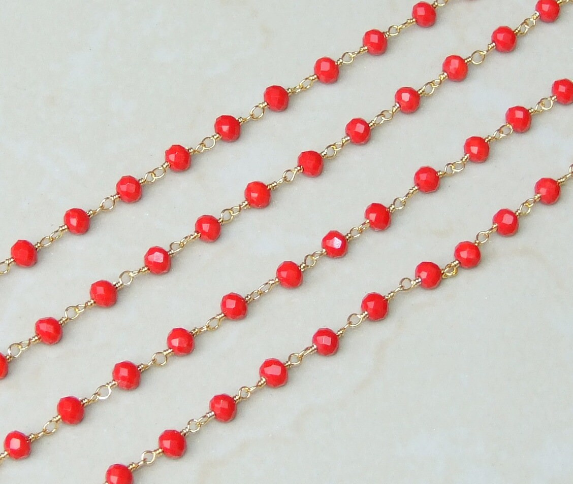 Red Glass Rosary Chain, Bulk Chain, Rondelle Glass Beads, Beaded Chain, Body Chain Jewelry, Gold Chain, Necklace Chain, Belly Chain - EDGBeadsandGems