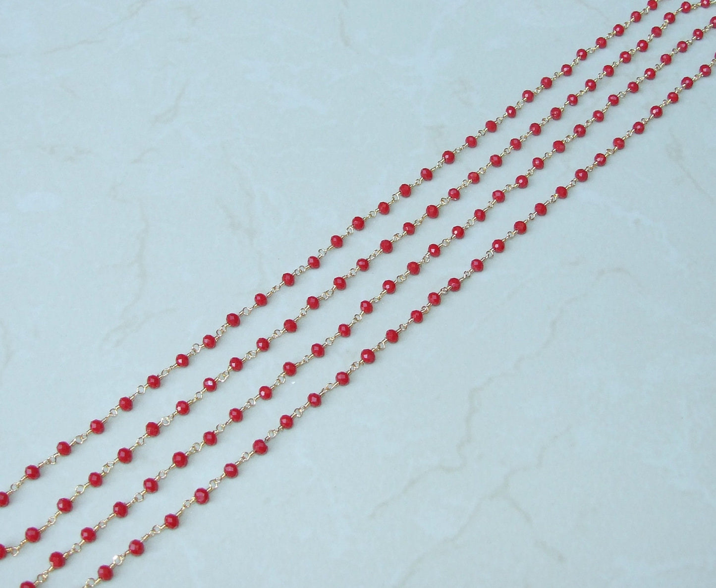 Ruby Red Glass Rosary Chain, Gold Plated Wire Wrapped Rondelle Beads - EDGBeadsandGems