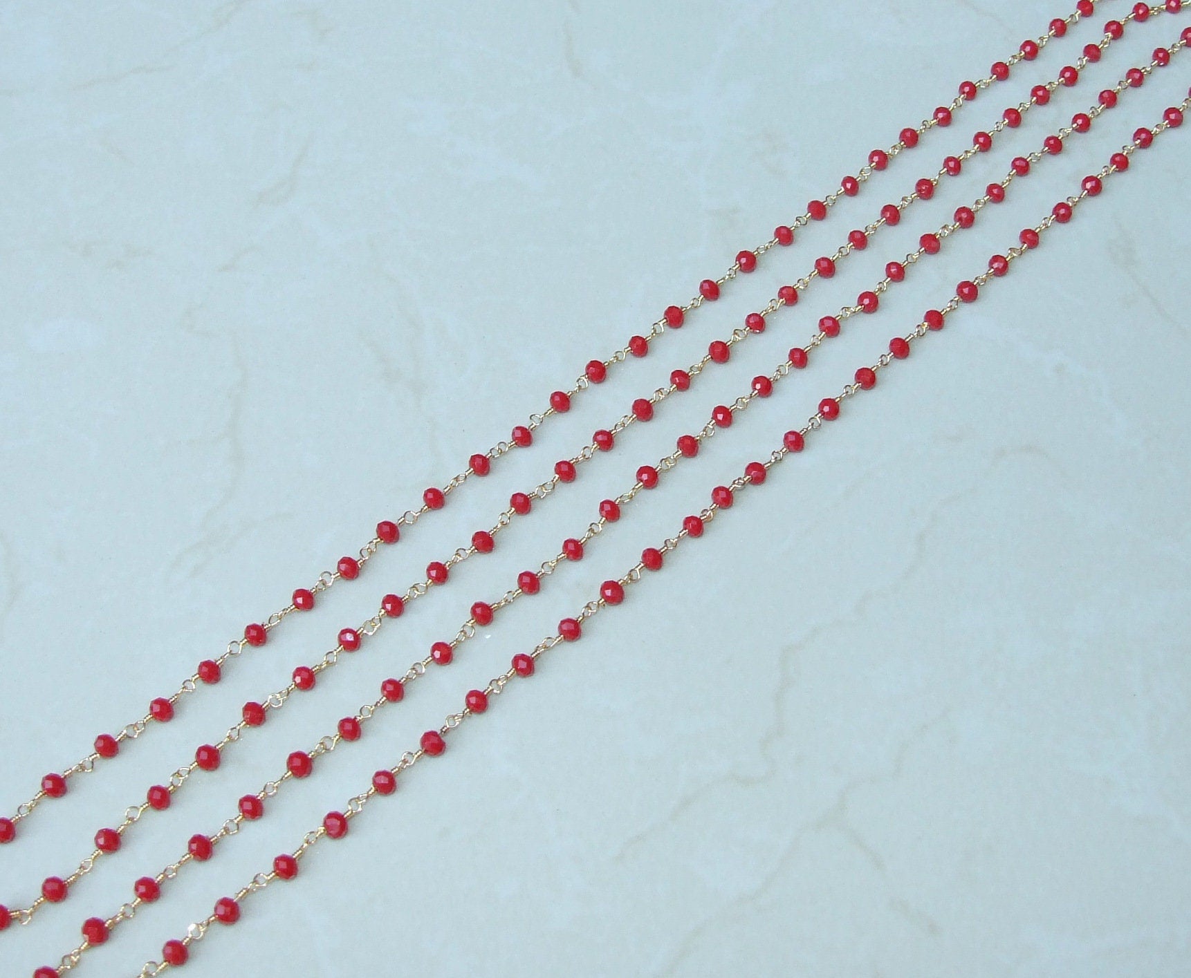 Ruby Red Glass Rosary Chain, Gold Plated Wire Wrapped Rondelle Beads - EDGBeadsandGems
