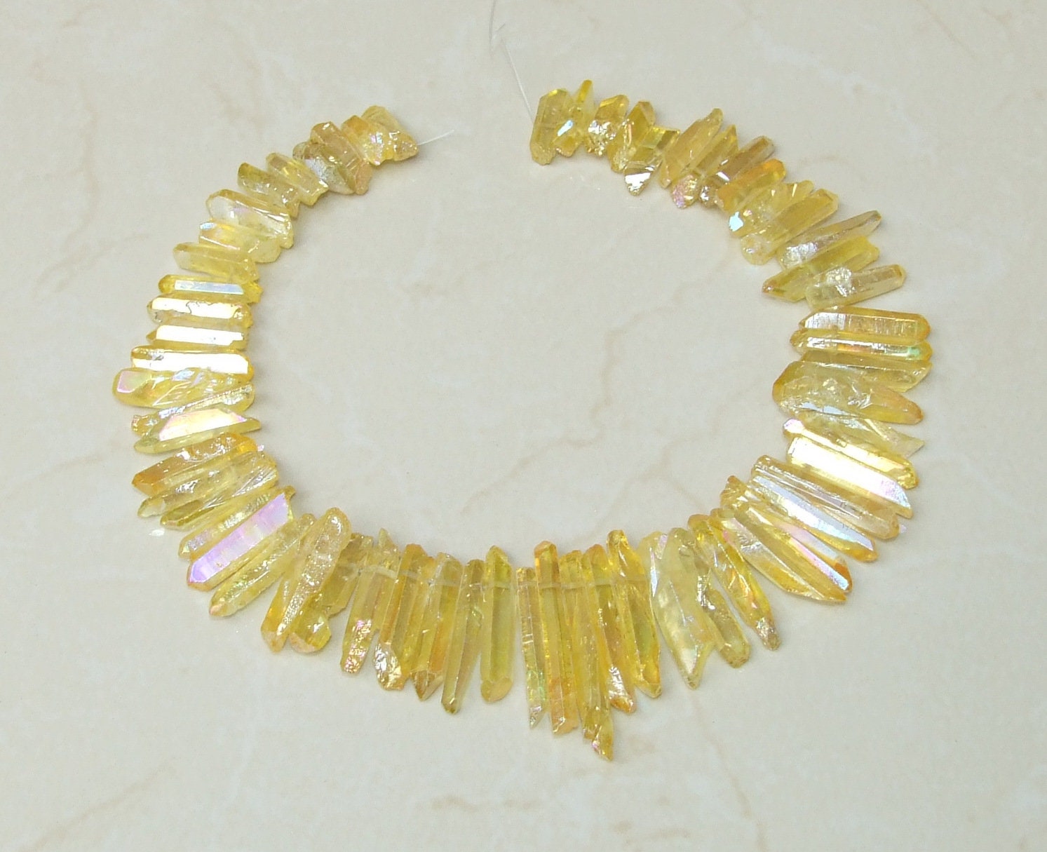 Yellow Titanium Quartz Cluster Point, Titanium Quartz Points Strand, Raw Quartz Points Drilled, Quartz Crystals Points Strand Beads, 15-38mm - EDGBeadsandGems
