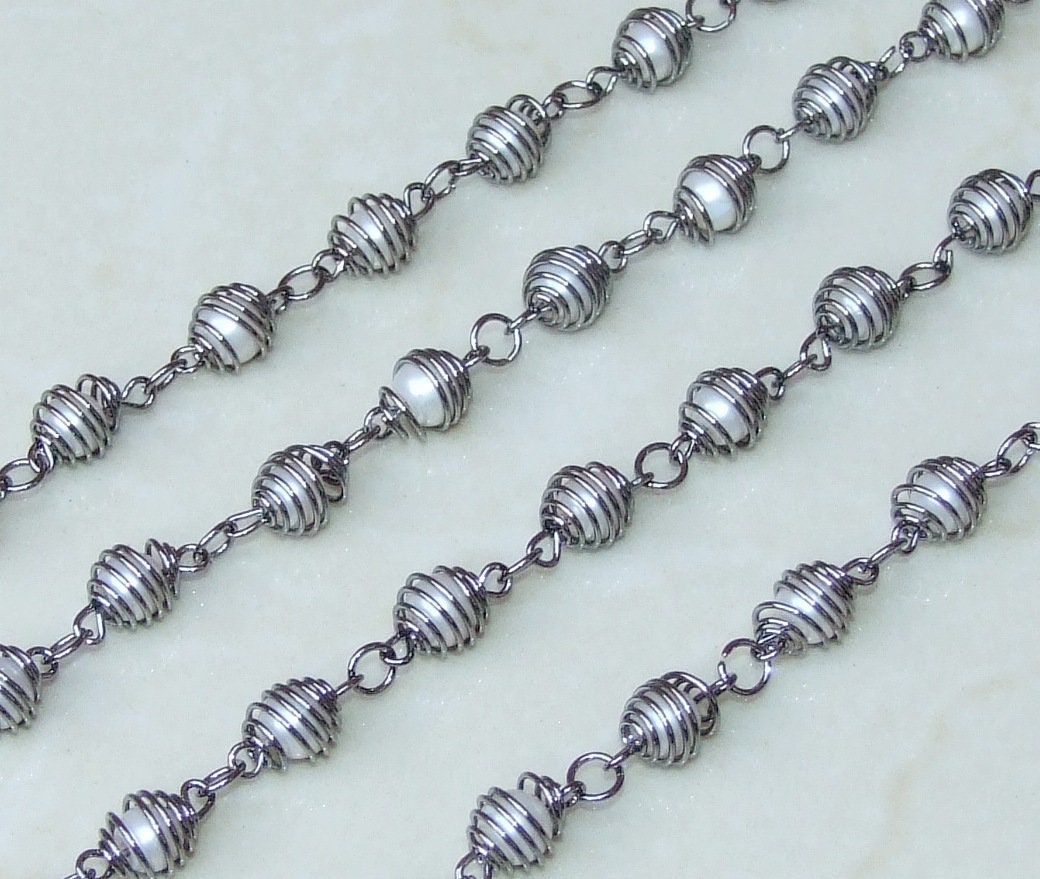 White Glass Pearl In A Cage Rosary Chain, Bulk Chain, Wire Wrapped Beaded Chain, Body Chain Jewelry, Gunmetal, Necklace Chain, Belly Chain - EDGBeadsandGems