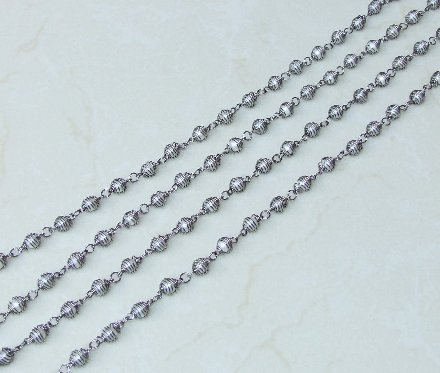 White Glass Pearl In A Cage Rosary Chain, Bulk Chain, Wire Wrapped Beaded Chain, Body Chain Jewelry, Gunmetal, Necklace Chain, Belly Chain - EDGBeadsandGems