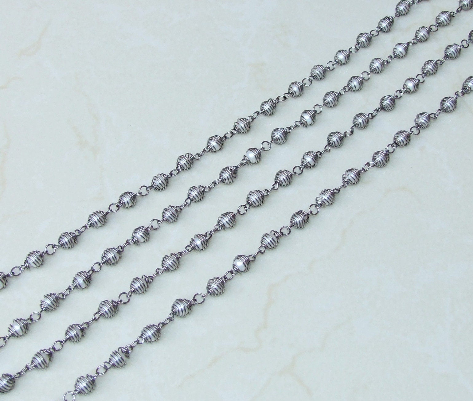 White Glass Pearl In A Cage Rosary Chain, Bulk Chain, Wire Wrapped Beaded Chain, Body Chain Jewelry, Gunmetal, Necklace Chain, Belly Chain - EDGBeadsandGems