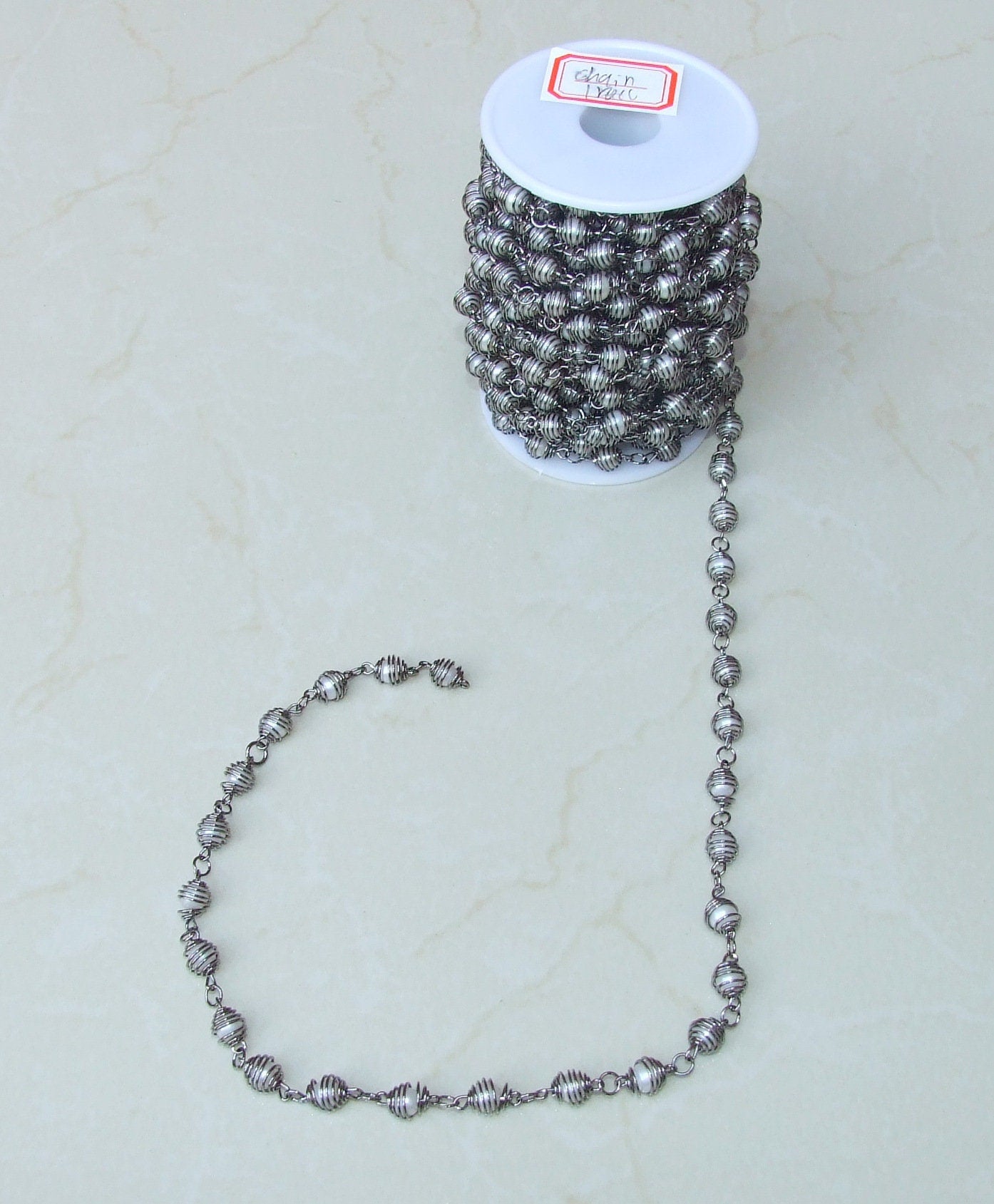 White Glass Pearl In A Cage Rosary Chain, Bulk Chain, Wire Wrapped Beaded Chain, Body Chain Jewelry, Gunmetal, Necklace Chain, Belly Chain - EDGBeadsandGems