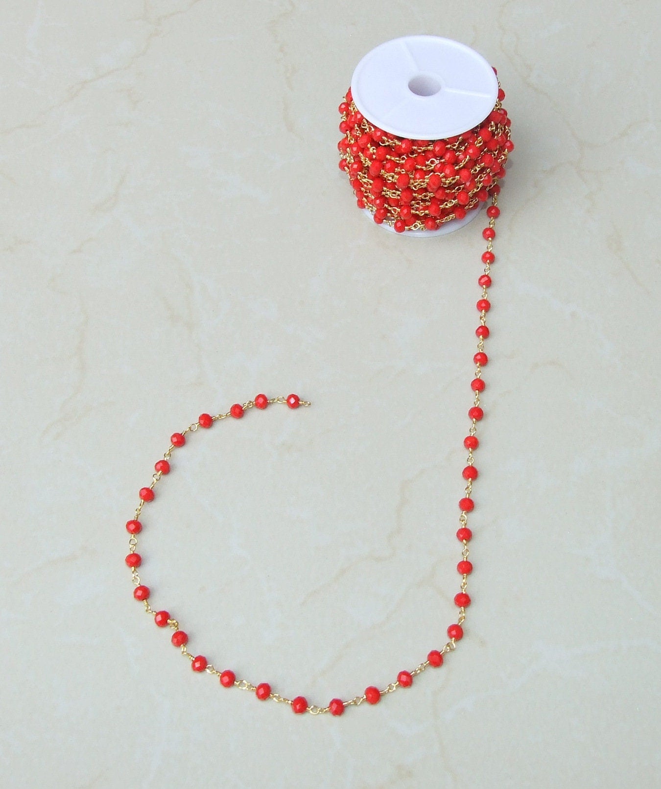 Red Glass Rosary Chain, Bulk Chain, Rondelle Glass Beads, Beaded Chain, Body Chain Jewelry, Gold Chain, Necklace Chain, Belly Chain - EDGBeadsandGems