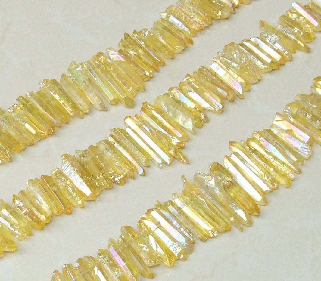 Yellow Titanium Quartz Cluster Point, Titanium Quartz Points Strand, Raw Quartz Points Drilled, Quartz Crystals Points Strand Beads, 15-38mm - EDGBeadsandGems