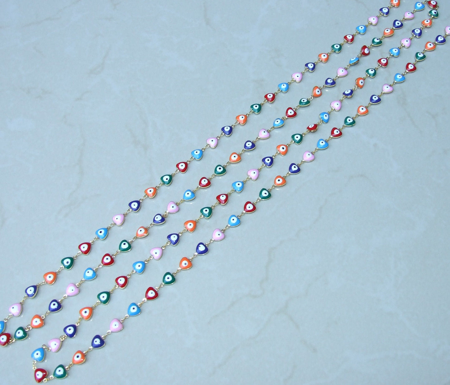 Heart Evil Eye Rosary Chain: Multi-Color Glass Beads, Gold Plated Edge - EDGBeadsandGems