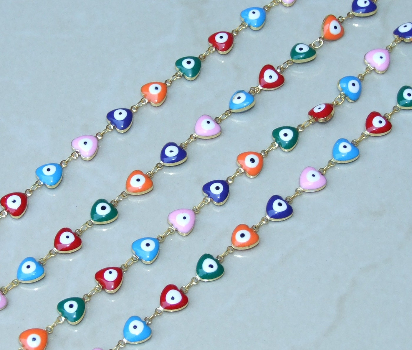 Heart Evil Eye Rosary Chain: Multi-Color Glass Beads, Gold Plated Edge - EDGBeadsandGems